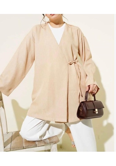 Lovie Moda Kadın Yan Bağcıklı Kimono Bej