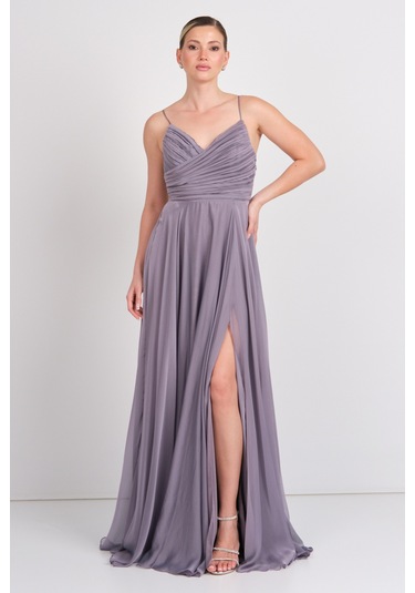 Doridorca Kadın Sırt Dekolteli Fiyonklu Drapeli V Yaka Abiye Elbise 6128 Vizon Vizon