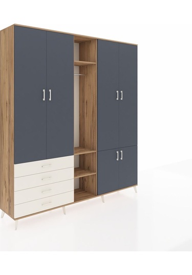 Hyperion Dolap 14 Raflı 4 Çekmeceli Tek Askılı 220x44x243 Çam-antrasit/aytaşı Antrasıt/aytası
