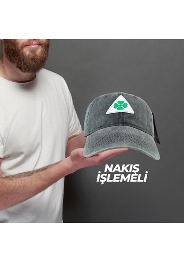 Perlotus Vintage Yıkamalı Pamuk Şapka Dört Yapraklı Yonca Nakışlı Yeşil Siyah