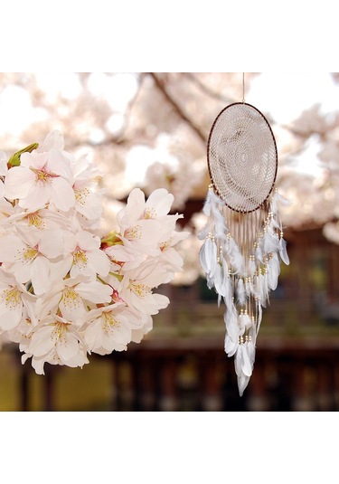 Büyük Boho Rüya Yakalayıcı Beyaz Tüy Ve Boncuk Duvar Askısı Vintage Düğün Ev Dekoru 40 Cm Daire 110 Cm Uzunluk