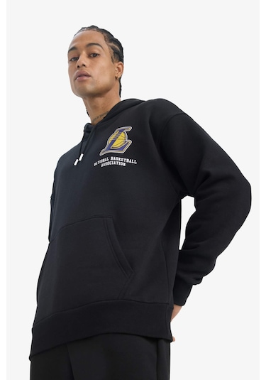 DeFactoFit NBA Los Angeles Lakers Oversize Geniş Kalıp Kapüşonlu Kalın Sweatshirt D8489AX25SPBK81