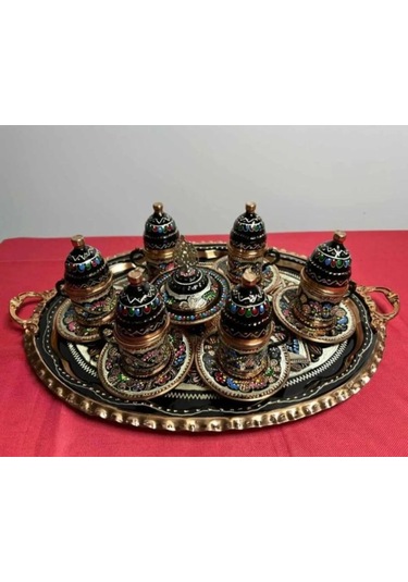 6lı Bakır Düz Fincan Takımı Ve Lokumluk.oval Tepsi