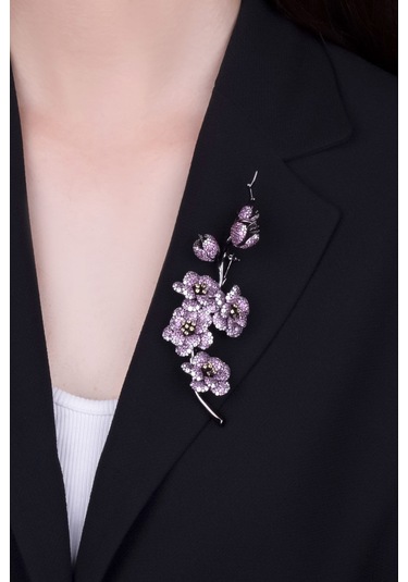 Sakura Çiçeği Siyah Rodyum Kaplama Gümüş Broş Siyah