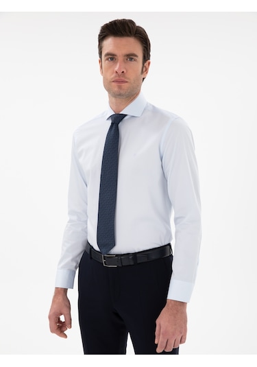 Cacharel Açık Mavi Slim Fit İtalyan Yaka Klasik Gömlek Denım