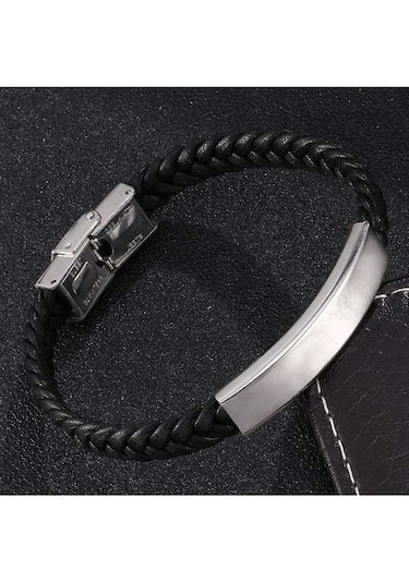 Fastbuy Moda Deri Bileklikler Erkek Kadın Paslanmaz Çelik Kelepce Günlük Takı Bb0383 Siyah Siyah Siyah