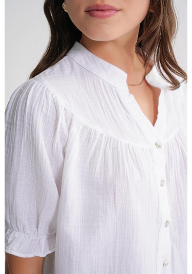 4725 Kadın Büzgü Robalı Kolu Fırfırlı Müslin Gömlek Beyaz Beyaz