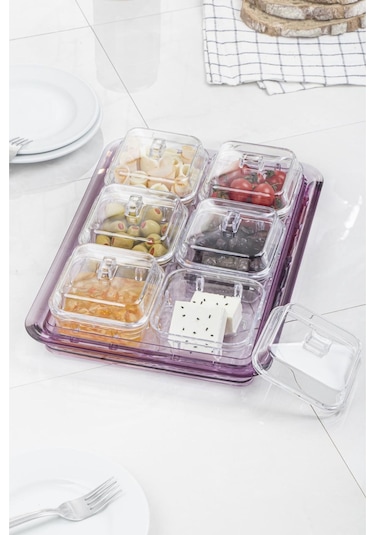 Akrilik Mürdüm 6 Lı Kapaklı Kahvaltılık Kahvaltı Seti & Saklama Kabı Cam Değildir Çok Renkli