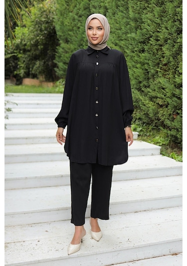 Büzgü Detaylı Tesettür Siyah Takım Siyah
