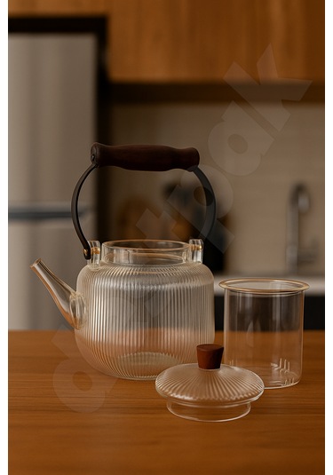 Akasya Kapaklı Ve Üstten Saplı Yuvarlak Cam Demlik - Isıya Dayanıklı - Cam Demlikli - Cam Kapaklı Cam