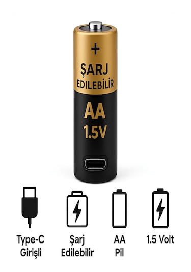 Type-c Şarjlı 2800mwh 1.5v Şarj Edilebilir 2'li Aa Kalın Pil - Lityum İyon Batarya