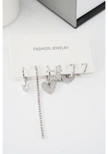 Kadın Vip Seri Helix Kalp Ve Su Yolu Zirkon Taşlı 6'lı Küpe Seti Çok Renkli