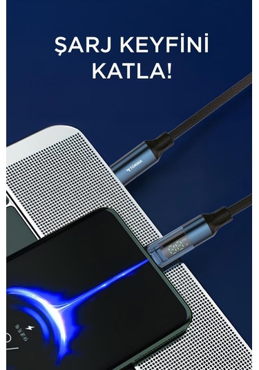 Torima U22 Type-c To Type-c 60 W  Led Ekranlı Dayanıklı Örgü Hızlı Şarj Kablosu Siyah
