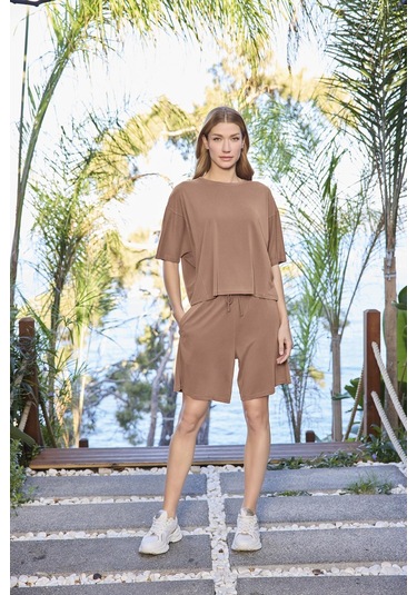 Monamise Kadın Kısa Kollu Bisiklet Yaka Alt Üst Takım 25072 Kahve
