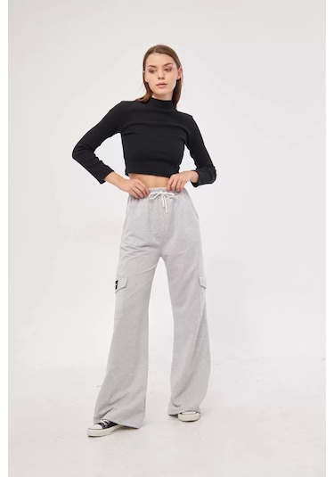 Kargo Cepli Palazzo Oversize Kesim İki İplik Bol Paça Eşofman Altı Pantalon - Gri Gri