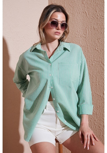 Lela Regular Fit Uzun Kollu Cepli Çizgili Bayan Gömlek 6772895 Benetton