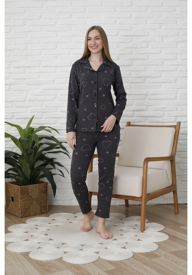 Fames Pijama Uzunkol Düğmeli Penye Pijama Takimi Kalpli Pembe