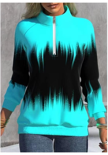 Sonbahar Ve Kış Kadın Ceket Kademeli Değişim Baskılı Yaka Fermuar Uzun Kollu Kış Tarzı Yarım Yüksek Yaka Hırka Ceket Kaban Gökyüzü Mavisi Gök Mavi