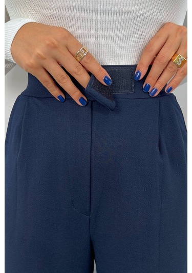 Kadın Likralı Cırt Kapama Lacivert Geniş Paçalı Rahat Palazzo Pantolon Lacivert