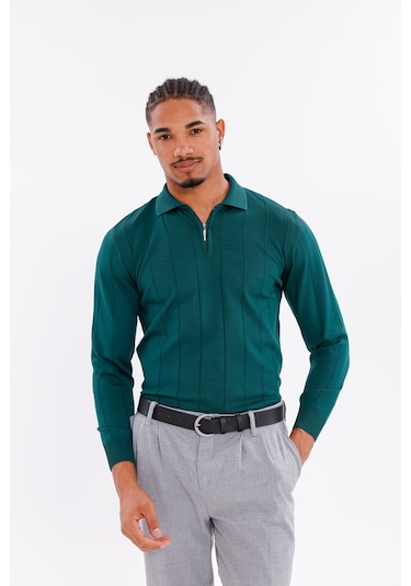 Monox Erkek Yarım Fermuarlı Polo Yaka Triko Kazak Zümrüt