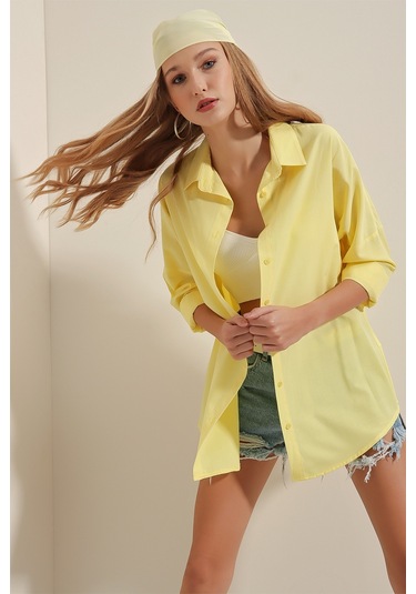 Bigdart 3900 Oversize Uzun Basic Gömlek - Sarı 001
