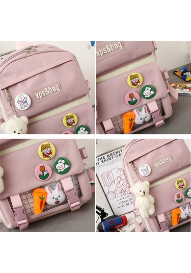 Mufunye Klasik Kumaş Çanta Seti Sırt Çantası + El Çantası + Clutch + Kalem Kutusu - Pembe Renkli Yumuşak Dokuma, Geniş Kapasite, Sevimli Ayı Figürü İle Dekore Çok Renkli