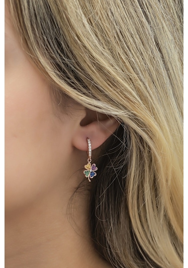 Nereze 925 Ayar Gümüş 10 MM Sallantılı Mix Taşlı Yoncaküpe