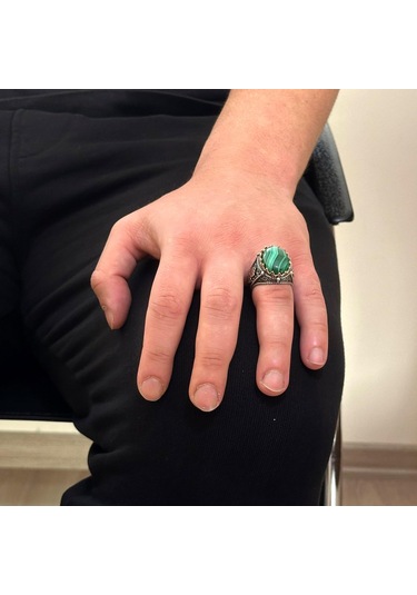 925 Ayar Katı Gümüş Erkek Yüzük, Doğal Malakit Taşlı Yüzük Gümüş