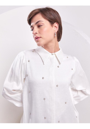 İnci İşlemeli Jakarlı Tunik-ekru Ekru
