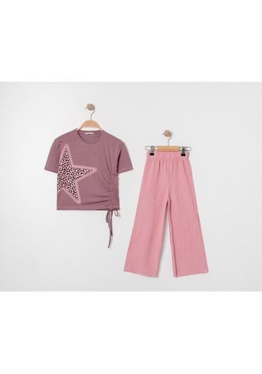 Kız Çocuk Mıu Taşlı İkili Dokuma Takım 7276 Pembe
