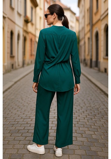 Yeşil Kruvaze Yaka Gömlek Pantolon Kadın İkili Takım - Modern Tasarım Çok Renkli