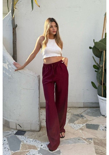 Pembe Keten Karışımlı Bol Kesim Pantolon Bordo