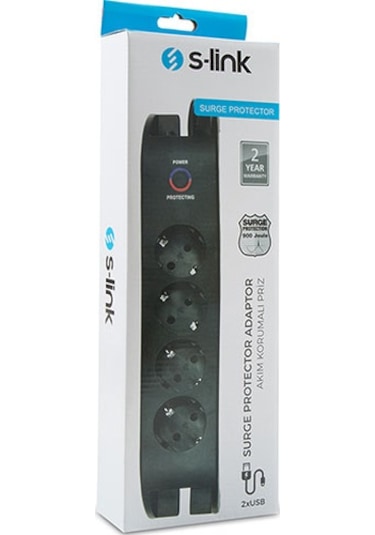S-Link SPG3041 2xUSB=2.4a 3G1.5mm2 900J 4'lü Akım Korumalı Priz 2 Metre Siyah