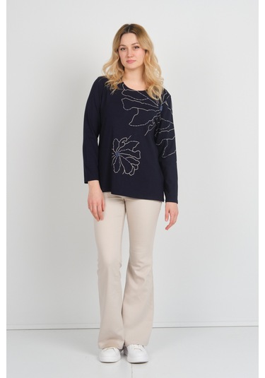 Detay Triko Kadın Boncuk İşlemeli Desenli Uzun Kol Anne Bluz 5737 Lacivert Lacivert