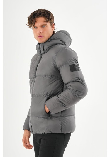 Erkek Kapüşonlu Fermuarlı Cepli Kışlık Şişme Kısa Mont Antrasit