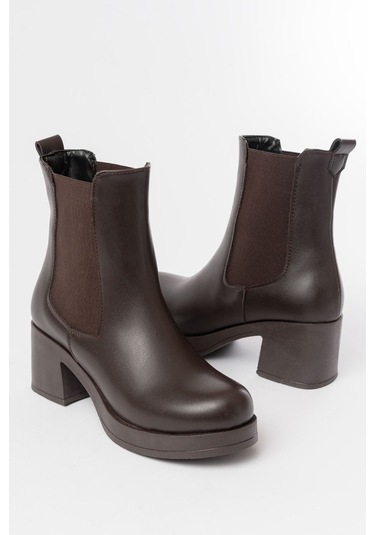 5109-3056 Kahverengi Lastikli Fermuarlı Kalın Topuklu Günlük Bot Kahve