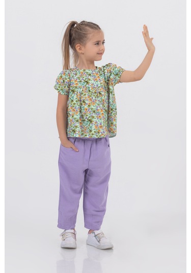 Kız Çocuk Dokuma Üst Keten Pantalon Model Alt-üst Takım Lila