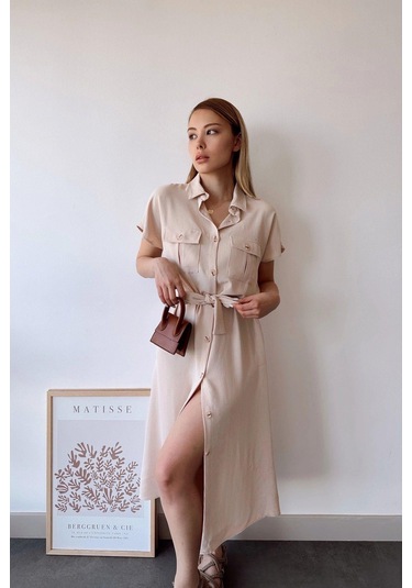 Kadın Bej Kısa Kol, Gömlek Yaka, Düz Desen, Çift Cepli, Aerobin Kumaş, Kuşaklı Maxi Elbise Bej