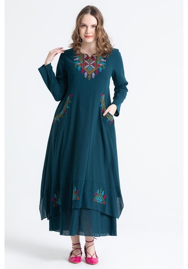 Uzun Kol Şile Bezi Nakışlı Antik Uzun Elbise Petrol Ptrl-petrol Petrol