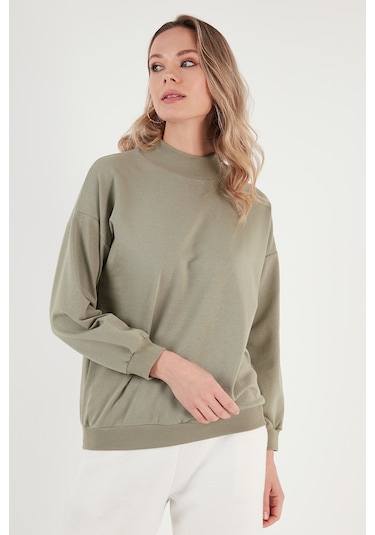 Lela Pamuklu Dik Yaka Basic Örme Bayan Sweat 5863323 Olive