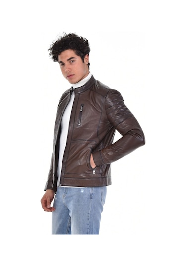 Hakiki Deri Siyah Erkek Deri Mont Hakim Yaka Üç Cepli Fermuarlı Fermuarlı Deri Ceket Kahverengi