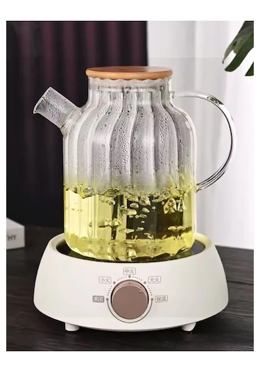 Vakumlu Bambu Kapaklı Isıya Dayanıklı Borosilikat Cam Demlik 1800ml Şeffaf