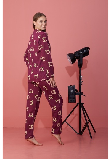 Kadın Mevsimlik Pamuklu Penye Pijama Takımı Önden Düğmeli Bordo