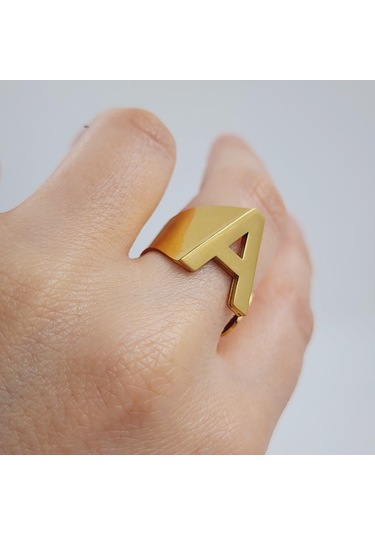 Çelik Gold Düz Kesim Harf Yüzük -a Harfi- Ayarlı Ölçü-1888