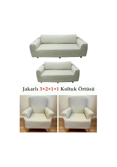 Jakarlı Koltuk Örtüsü , Kanepe ,chester Örtüsü 3211 Sütlü Krem Sütlü Krem