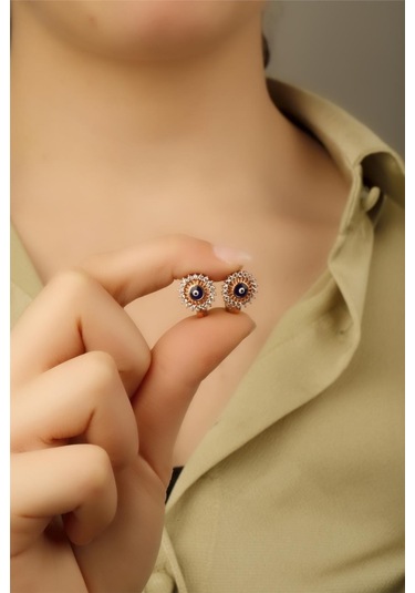 Pave Sıralı Nazar Boncuğu Gümüş Küpe Rose-2358