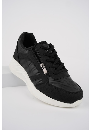 Muggo Asel Garantili Kadın Ortopedik Günlük Bağcıklı Yandan Fermuarlı Rahat Sneaker Spor Ayakkabı Siyah - Beyaz