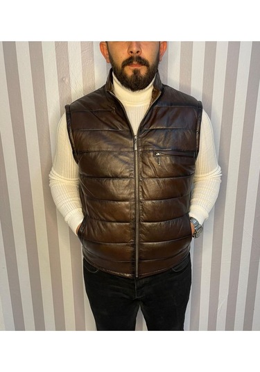 Şişme Hakiki Deri Yelek Karartmalı Kahve Gündelik,mevsimlik Slim Fit Kesim Kahverengi