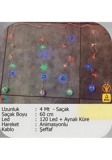 Elektrikhouse Led Peri Işığı 120 Led + Aynalı Küre Animasyonlu - 4 Metre Saçak 60 Cm Çok Renkli