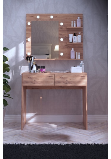 Tokyo Kulis Işıklı Aynalı Tabureli Çekmeceli Makyaj Masası Atlantik Çam